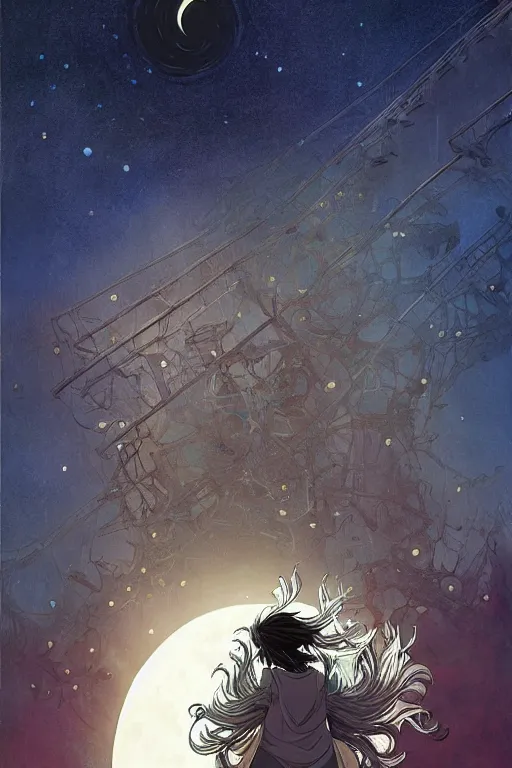 Image similar to a full moon containing the glimmering stairways to otherworldly galaxies, high intricate details, rule of thirds, golden ratio, cinematic light, anime style, graphic novel by fiona staples and dustin nguyen, by beaststars and orange, peter elson, alan bean, studio ghibli, makoto shinkai