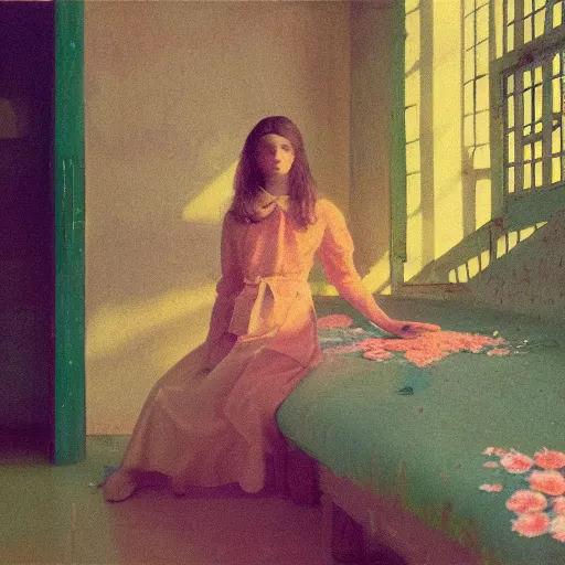 Image similar to close - up of a beautiful flowery girl in an soviet golden liminal abandoned room, film still by wes anderson, depicted by balthus, limited color palette, very intricate, art nouveau, highly detailed, lights by hopper, soft pastel colors