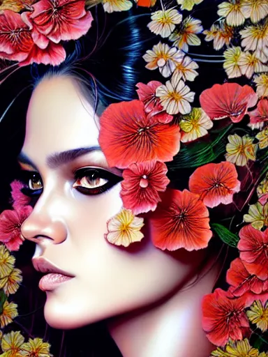 Prompt: a portrait of latina supermodel with a floral background by karol bak, artgerm, moebius, yoji shinkawa : : portrait, illustration, photorealism, hyperrealism