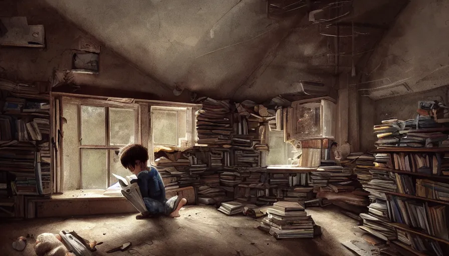 Image similar to Kid reading books sir on the floor of an abandoned attic with an old shelf of books, cobwebs and dust, hyperdetailed, artstation, cgsociety, 8k