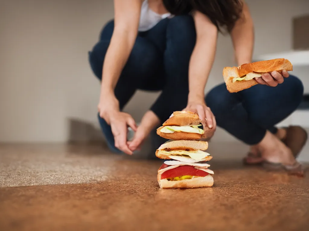 Image similar to woman upset that she dropped her sandwich on the floor, High Definition detail, 8K, photography