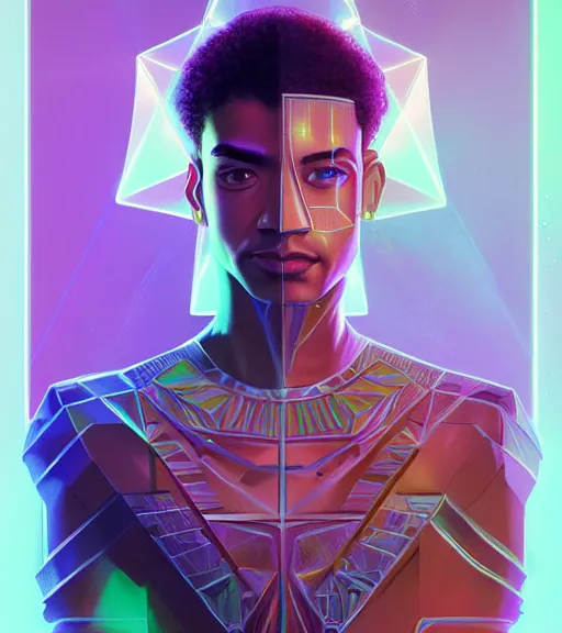 Image similar to symmetry!! egyptian prince of technology, solid cube of light, hard edges, product render retro - futuristic poster scifi, lasers and neon circuits, brown skin man egyptian prince, intricate, elegant, highly detailed, digital painting, artstation, concept art, smooth, sharp focus, illustration, dreamlike, art by artgerm