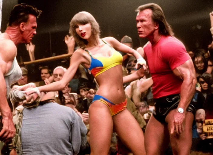 Prompt: taylor swift oil wrestling with arnold schwarzenegger, movie still, from the movie over the top, 8 k, realistic