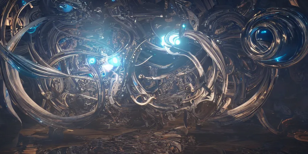 Prompt: swirling abstract cyborg parts and bio - mechanical tendrils and ornate flowing smoke streams and liquid light streaks surround a small metallic sphere, cinematic, unreal engine