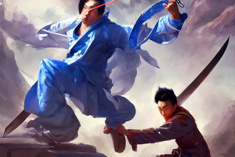 Image similar to an asian man with a sword charging at a blond man in a blue suit with a sword, organic painting, sunny day, matte painting, bold shapes, hard edges, street art, trending on artstation, by huang guangjian, gil elvgren, ruan jia, randy vargas, greg rutkowski