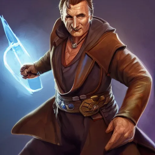 Image similar to Liam Neeson as Burl Gage, Antimage, iconic Character illustration by Wayne Reynolds for Paizo Pathfinder RPG