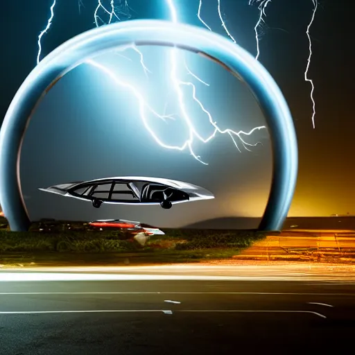 Prompt: futuristic flying car emerging in the sky from a circular portal made of lightning, thunderstorm at night, 8k 28mm cinematic photo