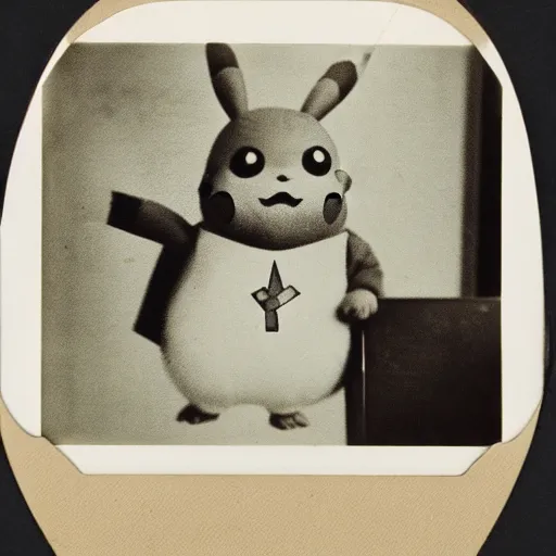 Image similar to old polaroid depicting pikachu from the 1 9 th century working at a modern day laptop