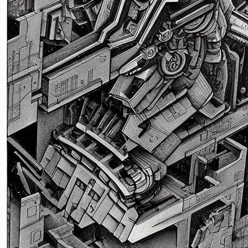 Prompt: combat mecha by m. c. escher, h. r. giger