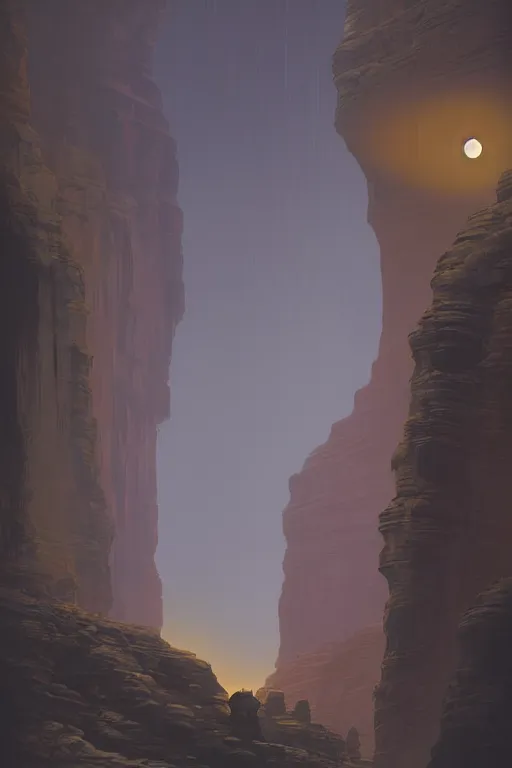 Image similar to monks walking through canyon to ancient yellow glowing temple, city of petra, light streaks in the sky, moon, dramatic lighting, artstation, matte painting, ralph mcquarrie, simon stalenhag