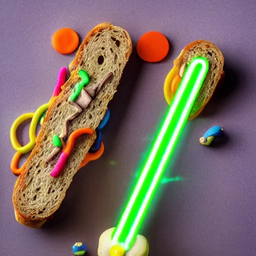 Image similar to an extremely high quality photo of a surreal neon-lightsaber-sandwich, the polymer clay ((sandwich)) creation, a hybrid mixture of sandwichlightsaberneons and lightsaberneonTUBE fillings, neon tubes drizzled on top, lightsaber filling, glowing filling, promotional photo, 4k polymer clay food photography