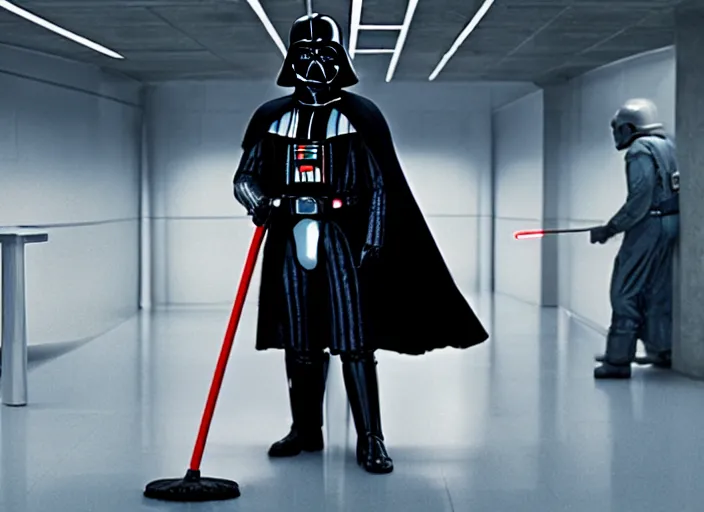 Image similar to film still of Darth Vader working as a janitor in the new Star Wars movie, 4k