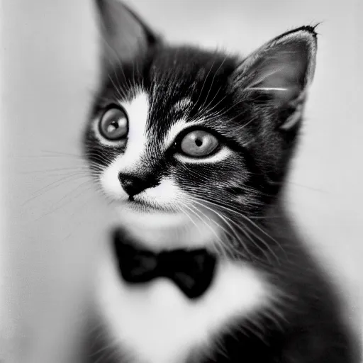 Prompt: a portrait photo of a kitten wearing a tuxedo by edward weston, auto graflex, 2 1 0 mm ƒ / 6 4 zeiss tessar, agfa isopan iso 2 5, pepper no. 3 5, 1 9 3 0, high quality photo, highly detailed, studio lighting, fine - art photography, tack sharp