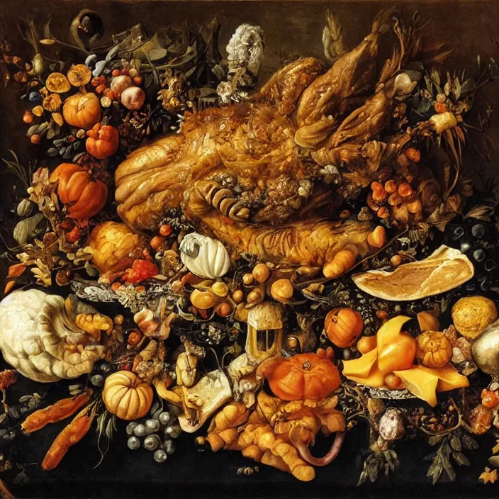 Prompt: victorian thanksgiving feast, cornucopia, black background, vanitas, a still life by giuseppe arcimboldo, a flemish baroque by jan davidsz. de heem, intricate high detail masterpiece