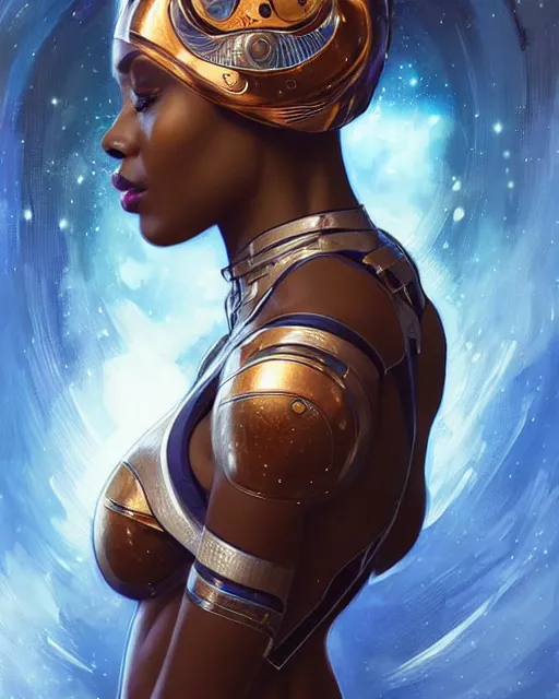 Image similar to Portrait of very very very very very very beautiful african woman, spacesuit, futuristic cybernetic helmet, blue eyes, real life skin, intricate, elegant, highly detailed, artstation, concept art, smooth, sharp focus, art by artgerm and greg rutkowski and alphonse mucha