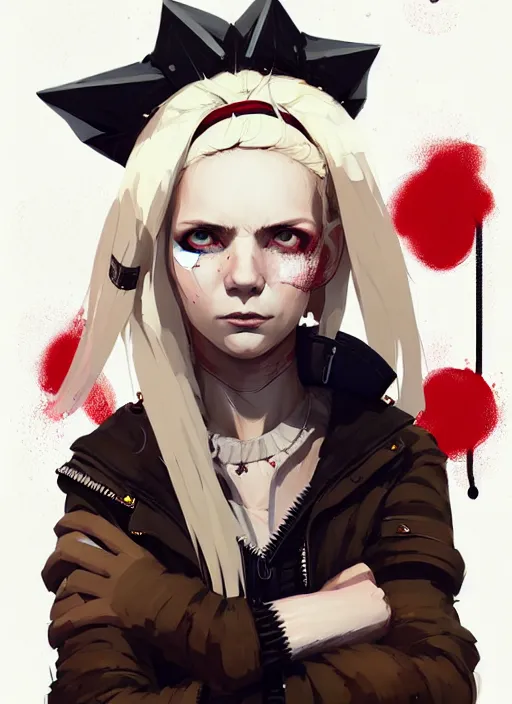 Prompt: highly detailed closeup portrait of a sewer punk swedish female mage student, tartan garment, blonde hair with headband by atey ghailan, by greg rutkowski, by greg tocchini, by james gilleard, by joe fenton, by kaethe butcher, gradient red, black, brown and white color scheme, grunge aesthetic!!! white graffiti tag wall background