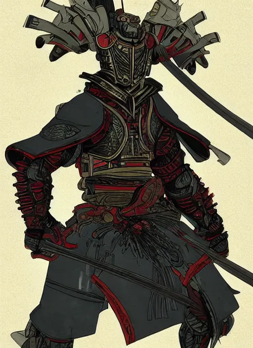 Image similar to Samurai with an insectoid armor, in the style of Sam Guay and Fenghua Zhong and James Jean, trending on artstation