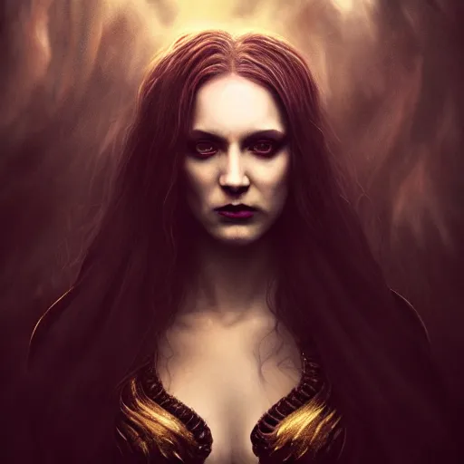 Image similar to majestic gracious regal aristocratic female vampire portrait, atmospheric lighting, painted, ravenous, tempestuous, menacing, intricate, volumetric lighting, beautiful, rich deep colours masterpiece, golden hour, sharp focus, ultra detailed, by leesha hannigan, ross tran, thierry doizon, kai carpenter, ignacio fernandez rios