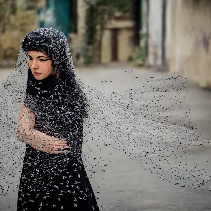 Image similar to a closeup portrait of a woman wearing a veil made of birds, in an abandoned theme park, by omar z. robles, canon eos c 3 0 0, ƒ 1. 8, 3 5 mm, 8 k, medium - format print