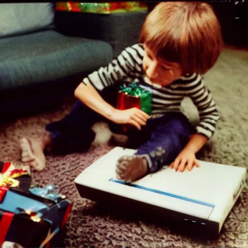 Image similar to Kid unwrapping a Playstation 4 on Christmas, 1980's Polaroid photograph