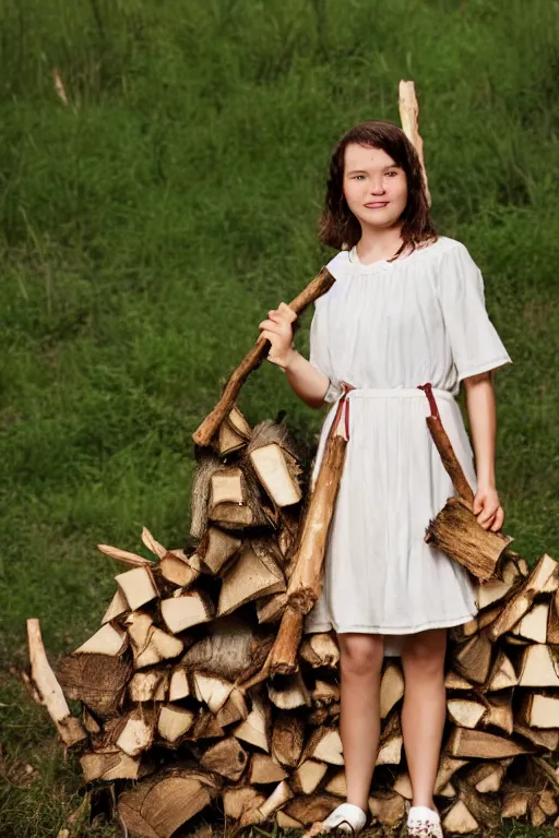 Image similar to a middle-school girl with unkempt wavy short brown hair wearing a white dress and holding a bundle of firewood, high resolution film still, 8k, HDR color, short hair