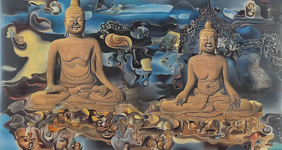 Image similar to Laughing buddha at the edge of the multiverse by Salvador Dali, highly detailed, surreal