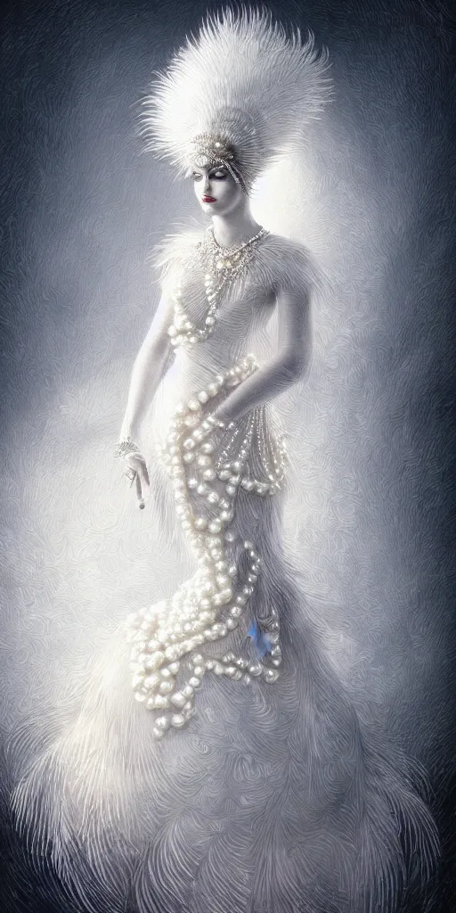 Image similar to a lady with a decorated dress made of white pearls and white plumes of swan highly detailed digital _ painting, cinematic, dramatic lighting