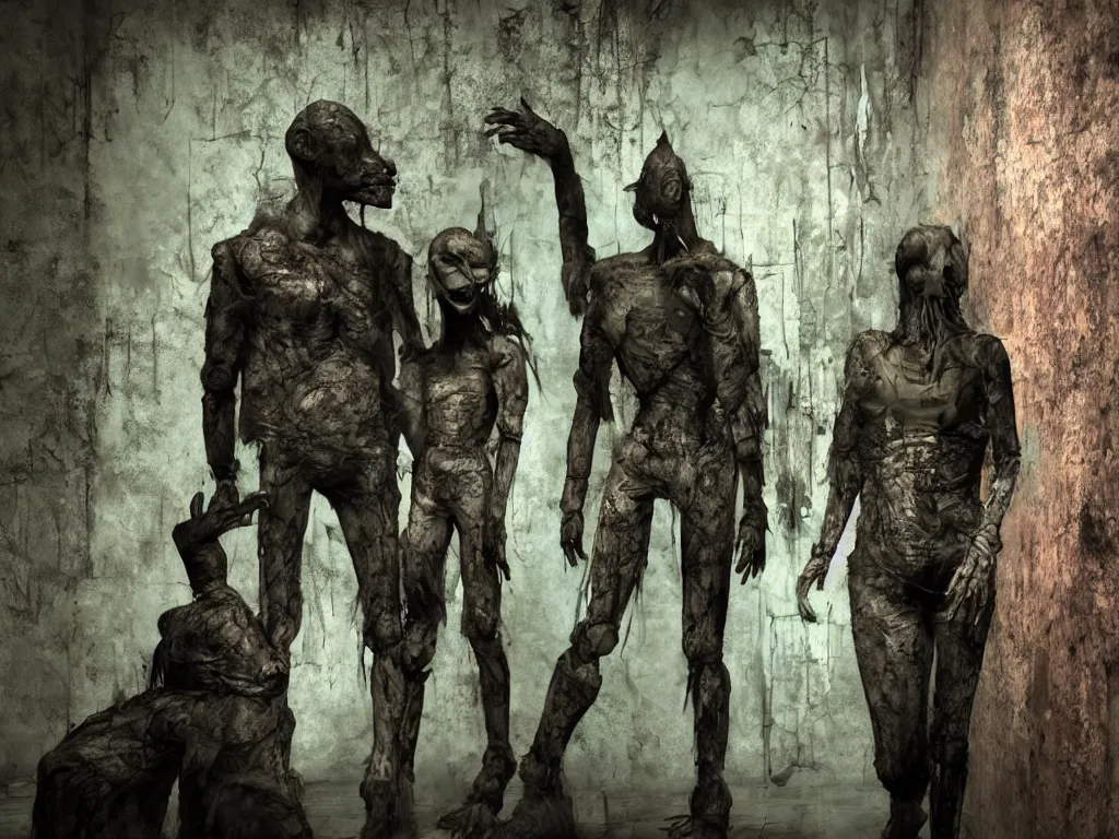 Image similar to animatronic humanoid figures on the subway, dimly lit, distressed Venetian green plaster walls, liminal space, haunting atmosphere, gothic, photorealistic, hyperdetailed 3D matte painting, hyperrealism, hyperrealistic, cinematic, silent hill, horror style, unrealengine octane render