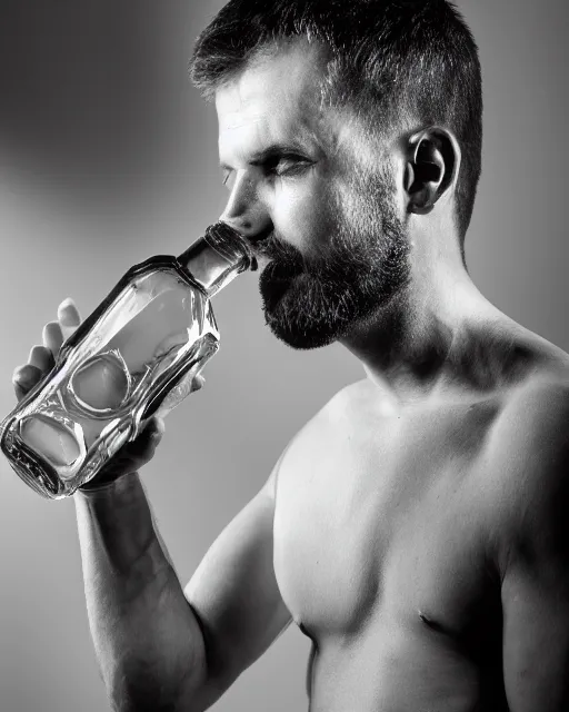 Prompt: A studio portrait of a man drinking vodka from a bottle, highly detailed, bokeh, 90mm, f/1.4