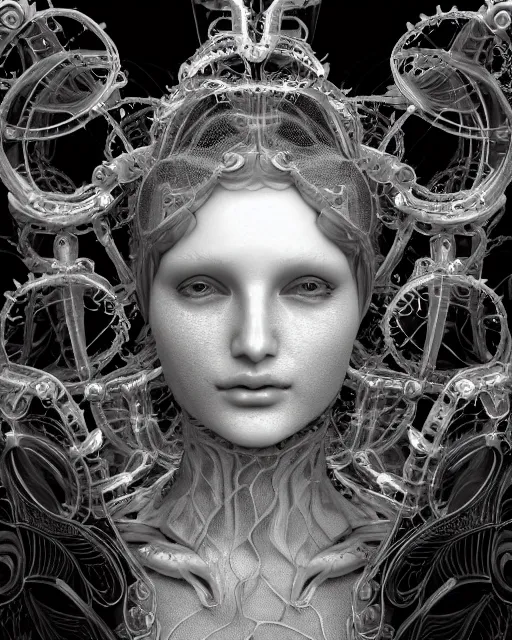 Image similar to mythical dreamy black and white organic bio - mechanical spinal ribbed profile face portrait detail of translucent steampunk beautiful female angelic - human - queen - vegetal - cyborg, highly detailed, intricate crystal ivy jelly ornate, poetic, translucent roses ornate, 3 d render, digital art, octane render, 8 k artistic photography, photo - realistic, by dora maar