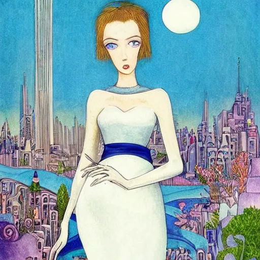 Image similar to A beautiful digital art of a young woman with big blue eyes. She has long lashes and a small mouth. Her hair is pulled back in a bun with a few stray hairs falling down. She's wearing a white dress with a blue sash and a blue scarf around her neck. In the background is a cityscape with tall buildings. by Kay Nielsen bold