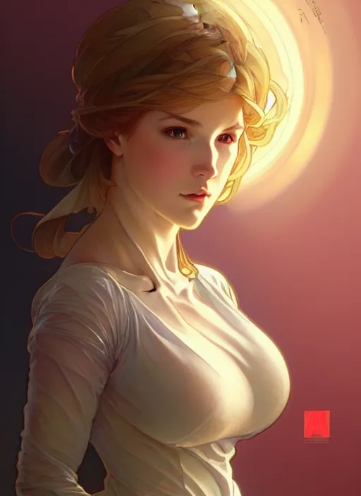 Image similar to digital character concept art by artgerm and greg rutkowski and alphonse mucha. clear portrait of a modern young wife blessed by god to unstoppably grow more perfect and fertile!! blonde, in clothes! holy full - figured! light effect. hyper detailed, glowing lights!! intricate, elegant, digital painting, artstation, smooth, sharp focus