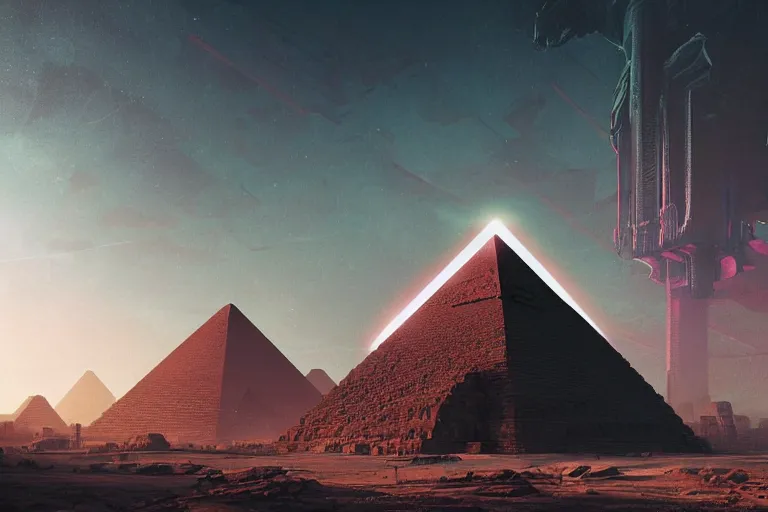 Prompt: ancient pyramids, cyberpunk art by mike winkelmann, trending on cgsociety, retrofuturism, reimagined by industrial light and magic, darksynth, sci - fi