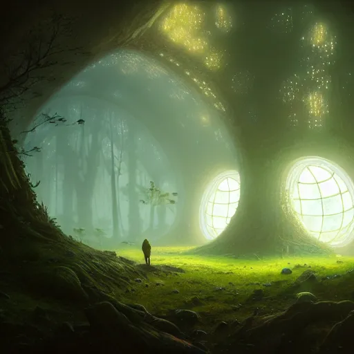 Image similar to , forest with big dome inside a spaceship, stephen bliss, misty, unreal engine, pixar, fantasy art by greg rutkowski, loish, ferdinand knab, and lois van rossdraws, global illumination, radiant light, minimalist, detailed and intricate environment