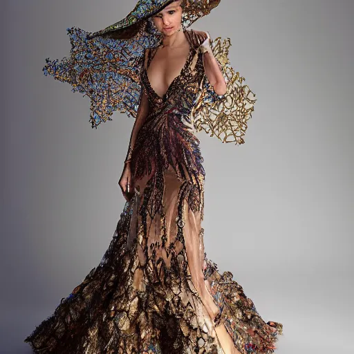 Image similar to exclusive evening dress made of bronze transparent fabric fantasy with colored flower petals made of fabric. intricate asymmetrical patterns. an elegant hat. hyperrealistic photos, clear details.