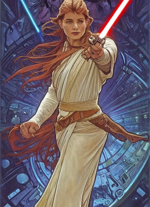 Prompt: movie poster by iain mccaig and magali villeneuve and drew struzan and alphonse mucha, a very beautiful!!!! woman jedi master, highly detailed. star wars original trilogy, she is about 2 0 years old, wearing jedi robes.