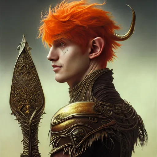 Image similar to portrait painting of an very young elven man with short light orange hair and tribal tattoos on his face wearing fur armor, ultra realistic, concept art, intricate details, eerie, highly detailed, photorealistic, octane render, 8 k, unreal engine. art by artgerm and greg rutkowski and charlie bowater and magali villeneuve and alphonse mucha