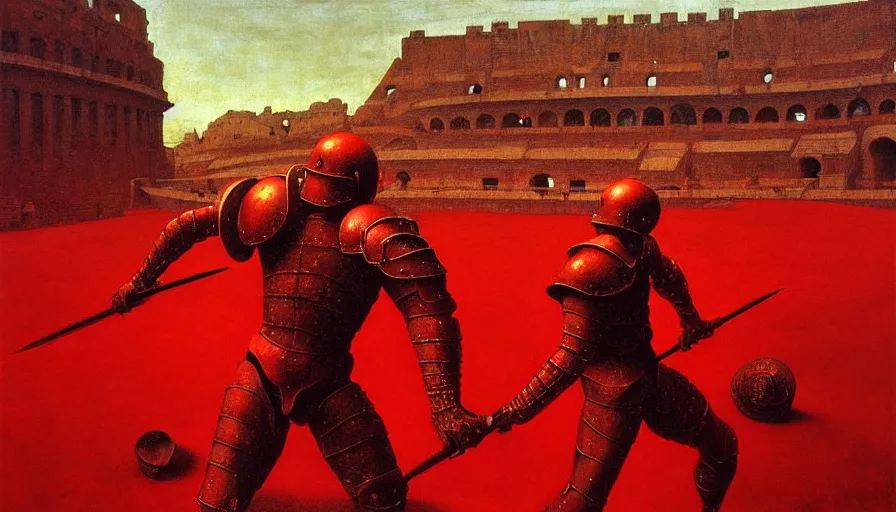 Image similar to only with red, an armored gladiator in a crowded roman amphitheatre, crowd cheering, in the style of beksinski and edward hopper and rodcenko and yue minjun and rolf armstrong, intricate and epic composition, red by caravaggio, highly detailed, masterpiece, red light, artstation