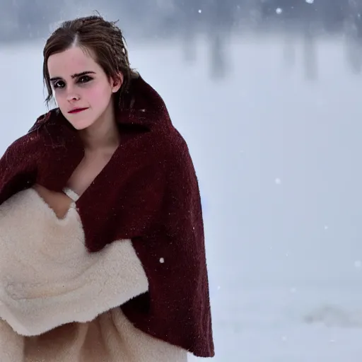 Prompt: emma watson reaching for blanket in cold siberian winter