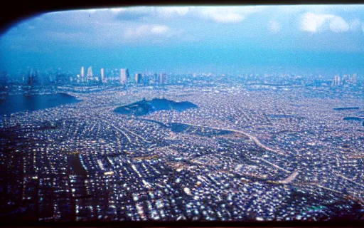 Image similar to A Filipino teenager flying above Metro Manila, wide shot, 35mm film, ethereal, by Iwai Shunji