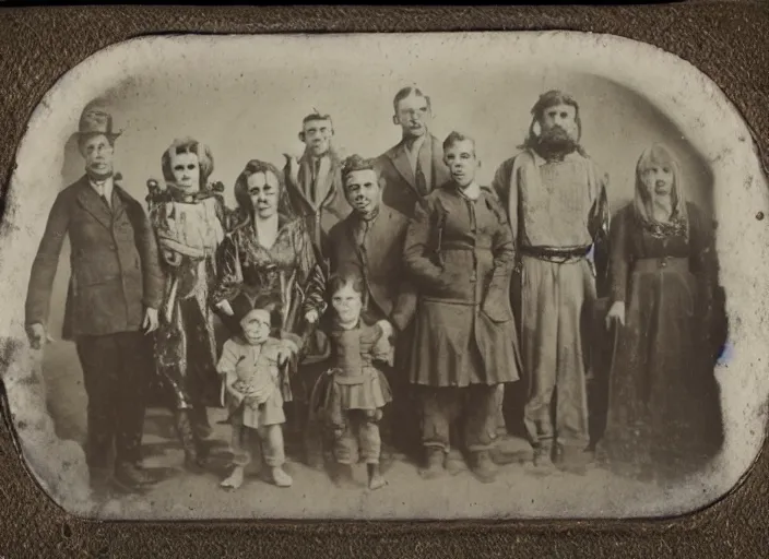 Image similar to a tintype photograph. photo of a group of people in front of the circus of watches, horror a family of monsters