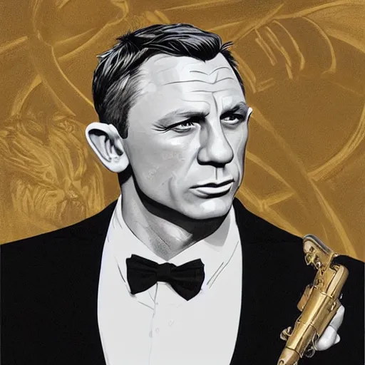 Image similar to Daniel Craig as James Bond, highly detailed, digital painting, artstation, concept art, smooth, sharp focus, illustration, ArtStation, art by artgerm and greg rutkowski and alphonse mucha and J. C. Leyendecker and Edmund Blair Leighton and Katsuhiro Otomo and Geof Darrow and Phil hale and Ashley wood and Ilya repin and Charlie Bowater