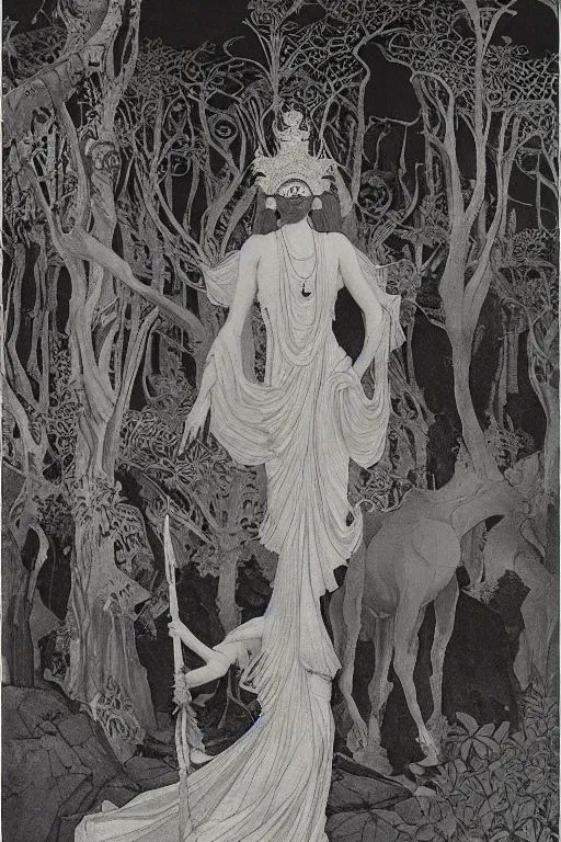 Image similar to lost queen of the forest with her scepter, by Nicholas Roerich and jean delville and Maxfield Parrish, dramatic cinematic lighting , ornate headdress , lost civilizations, extremely detailed