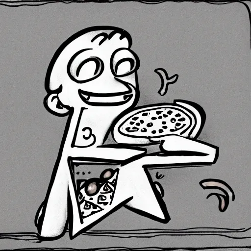Image similar to drawing of a man eating pizza by huskmitnavn, black and white