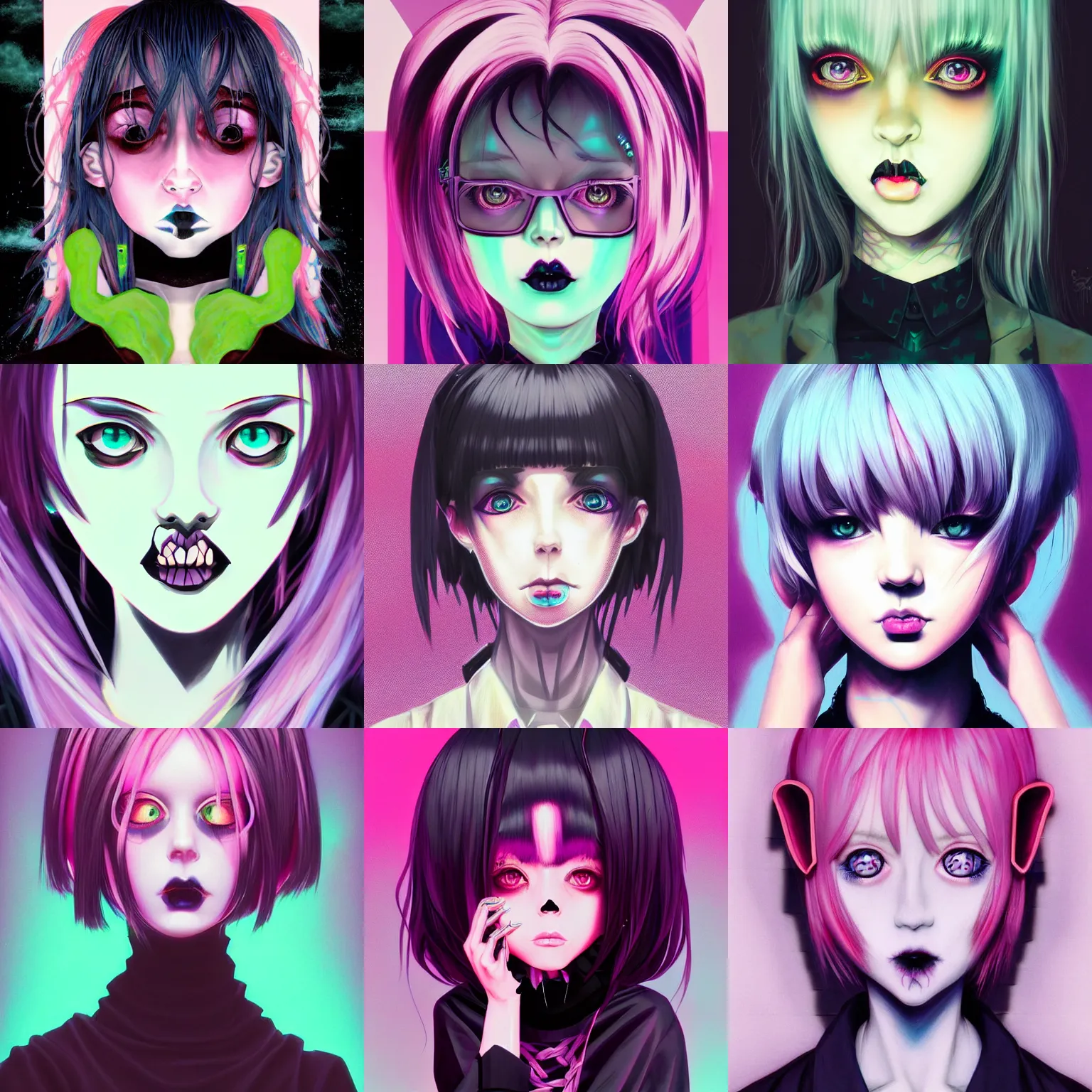 Prompt: 9 0 s, pastel goth aesthetic, creepy gothic portrait, yami kawaii, vaporwave colors, anime, manga, futuristic, hyperrealistic painting, by stanley twardowicz, ilya kuvshinov, rossdraws, trending on artstation