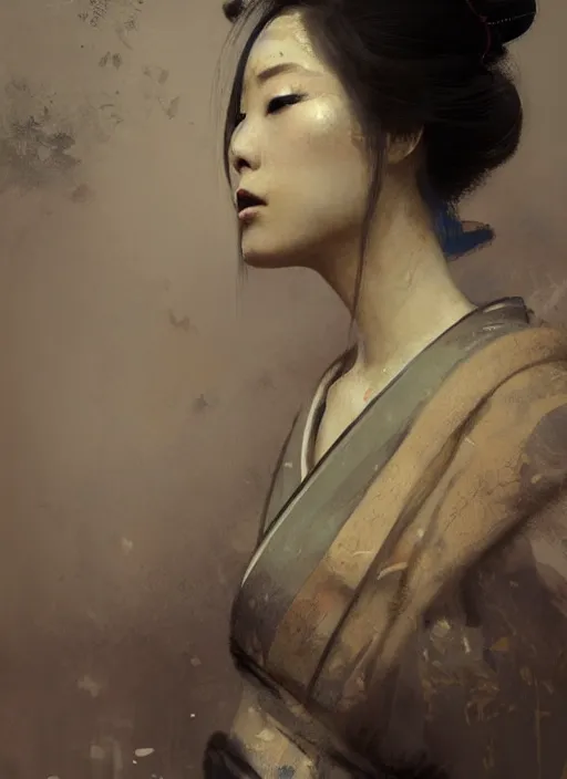 Image similar to female geisha girl, beautiful face, rule of thirds, intricate outfit, spotlight, by greg rutkowski, by jeremy mann, digital painting