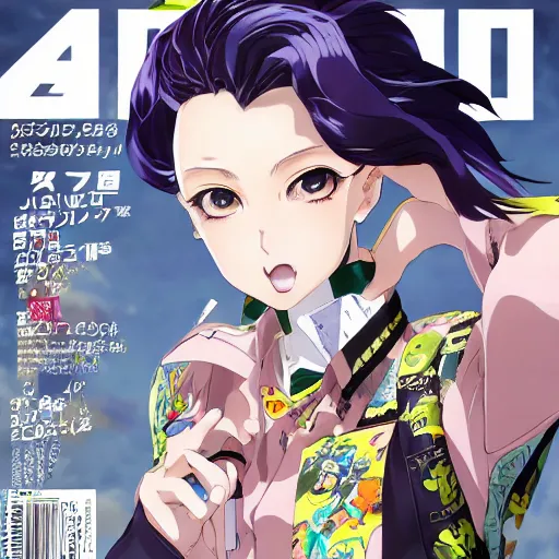 Image similar to Magazine Cover Anime key visual of a Gucci girl; official media; typography; drawn by Hirohiko Araki; Jojo's Bizarre Adventure; Jojolion, portrait, made by Stanley Artgerm Lau, WLOP, Rossdraws, James Jean, Andrei Riabovitchev, Marc Simonetti, Yoshitaka Amano, ArtStation