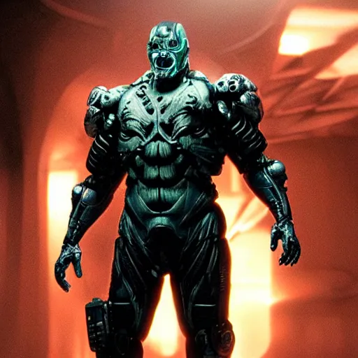 Image similar to movie still of man super villain cyborg, cinematic composition, cinematic light, by guillermo del toro