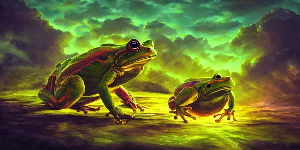 Prompt: anthropomorphic mutant fighting frog 🐸, [ style ] [ oil painting ] [ palate ] [ vibrant gothic colors ], vibrant neon nebulous clouds, radiant light rays, photorealistic painting, intricate and fine details, volumetric lighting, artstation,