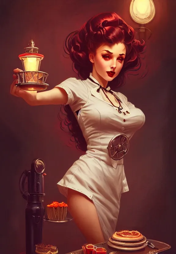 Image similar to Necromancer waitress of a small 50’s style diner, fantasy magic, dark pin-up style hair, dark light night, intricate, elegant, sharp focus, illustration, highly detailed, digital painting, concept art, matte, art by WLOP and Artgerm and Greg Rutkowski and Alphonse Mucha, masterpiece